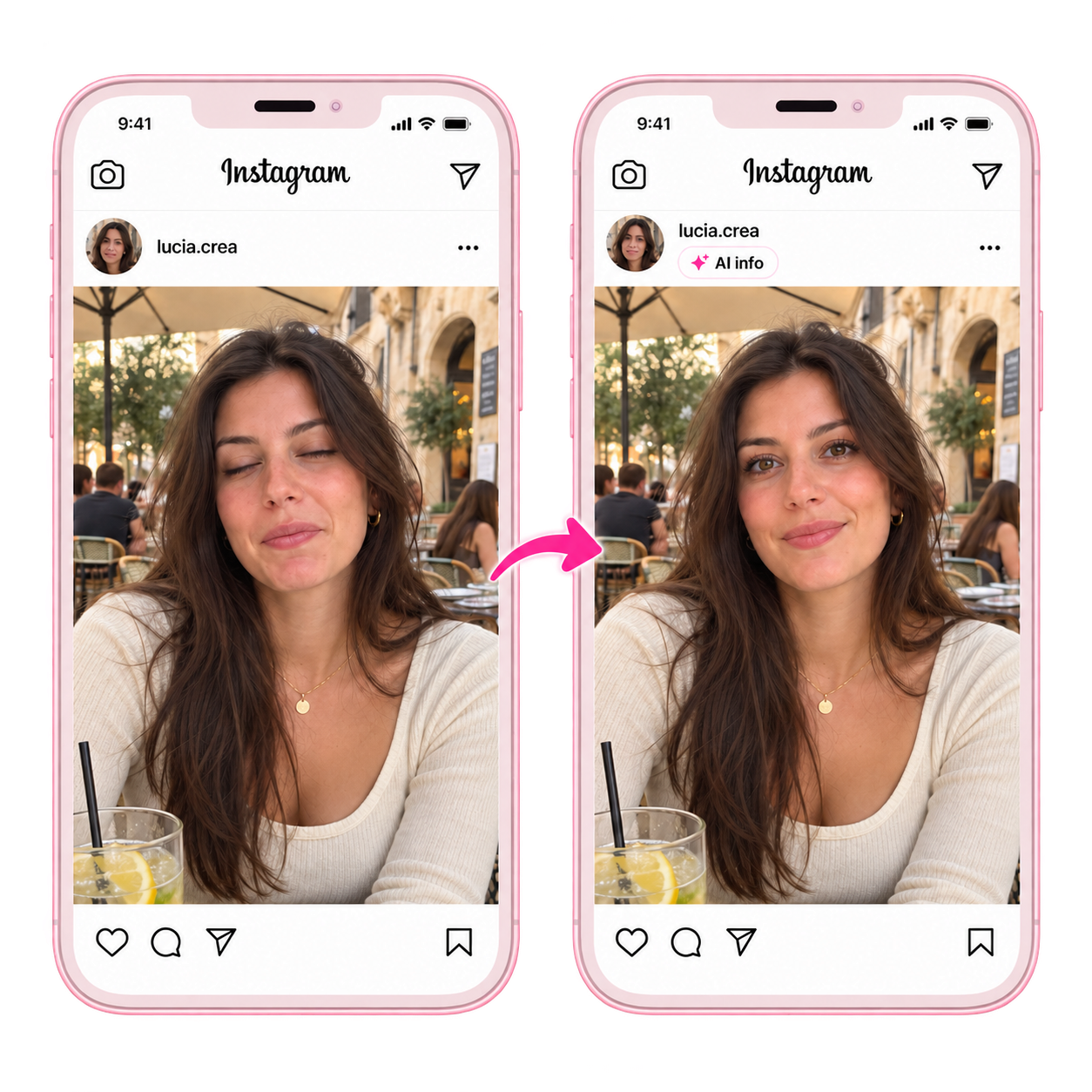 Comparación ilustrativa: misma chica con los ojos medio cerrados y foto retocada con la etiqueta AI info
